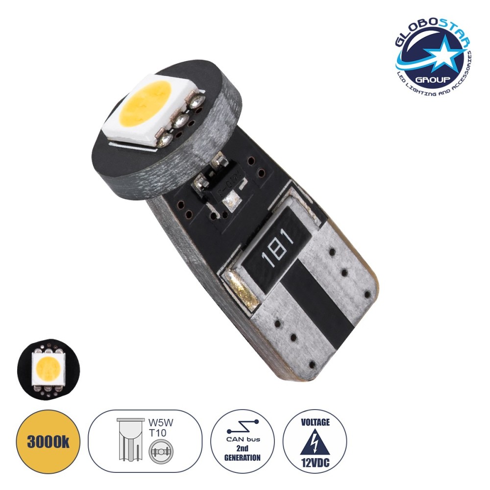 GloboStar® T10 W5W 81081 Λάμπα Αυτοκίνητου LED  2rd Generation Can-Bus Series 1xSMD5050 1.5W 150lm 120° DC 12-16V IP20 Φ1 x H2.2cm Θερμό Λευκό 3000K